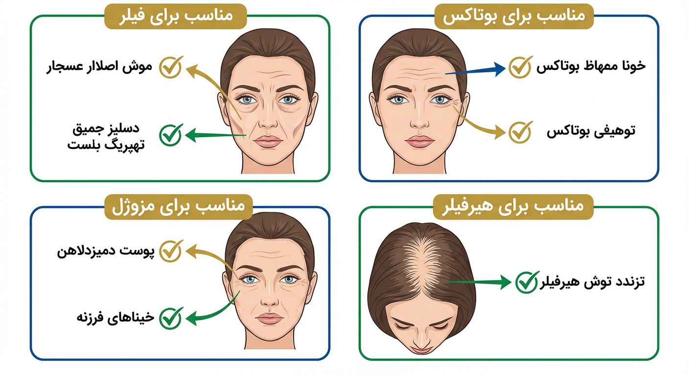 کسانی برای انواع فیلر، بوتاکس، مزوژل، هیرفیلر مناسب هستند