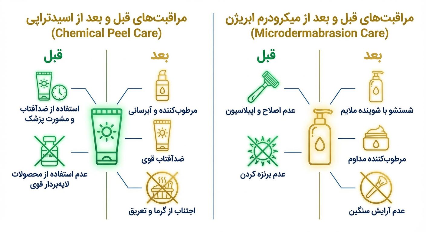 مراقبت‌های قبل و بعد از اسیدتراپی و میکرودم ابریژن